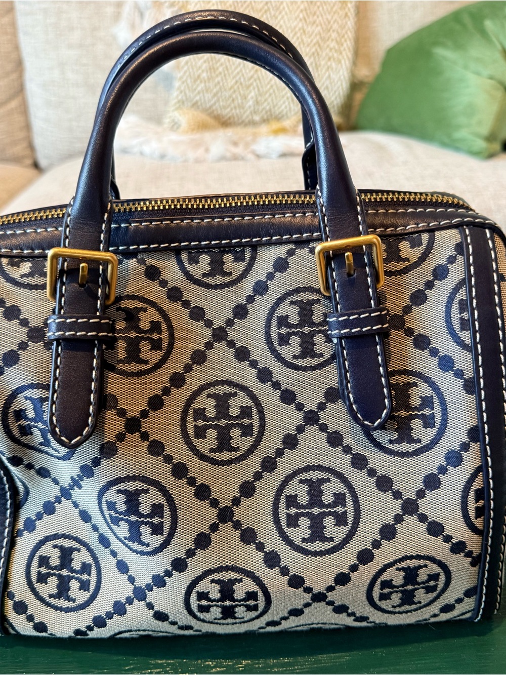 Authentic Tory Burch T Logo Navy and Cream Canvas Satchel with strap. Medium